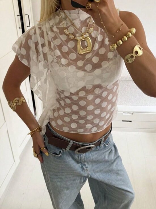 Tops - White Casual Women's Sheer Polka Dot Asymmetric Blouse